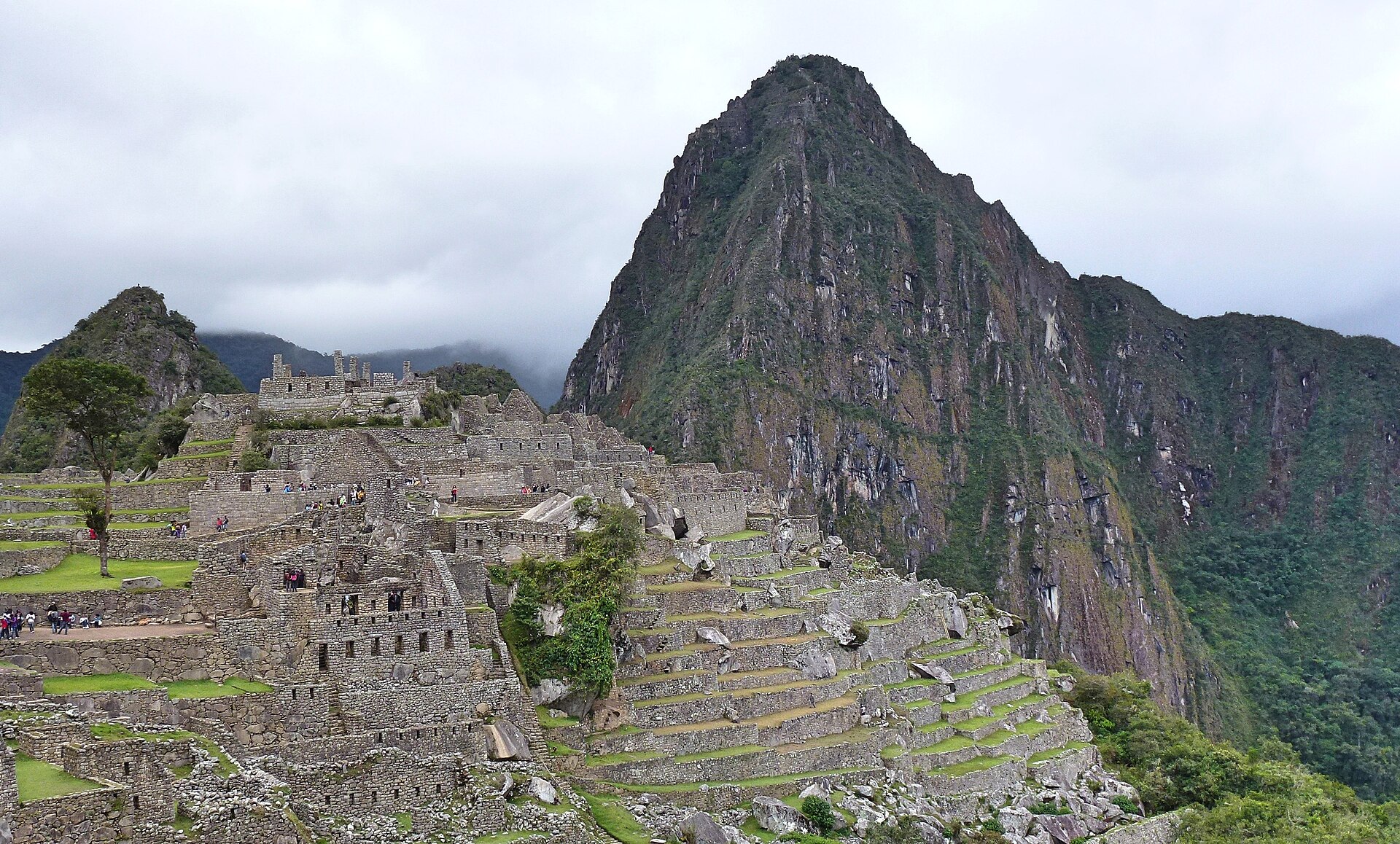Machu Picchu's intricate stone terraces and temples beneath the towering summit of Huayna Picchu